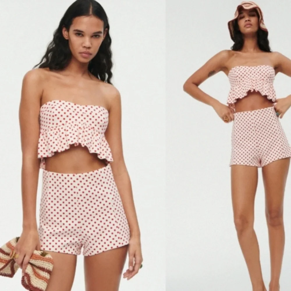 NWOT Zara Polka Dot Strapless Bustier Crop Top Ruffle in Ivory Red Preppy - Picture 5 of 10